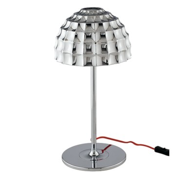 Lampada da tavolo 60W E27 cromata IRENE. Punto luce moderno in vetro cromato con cavo in tessuto rosso.