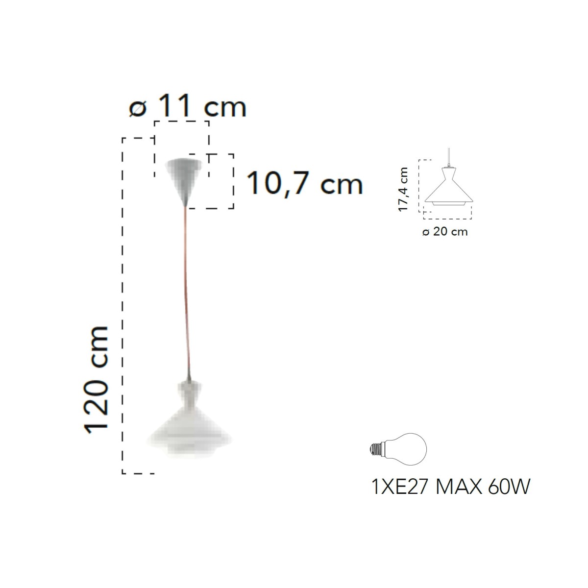 Lampada a sospensione 60W E27 bianca AZURE. Lampadario moderno di forma conica con diffusore in vetro opale.