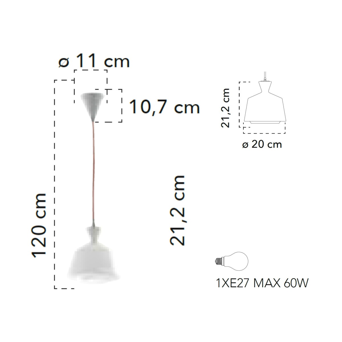 Lampada a sospensione 60W E27 bianca AZURE. Lampadario moderno di forma trapezoidale con diffusore in vetro opale.