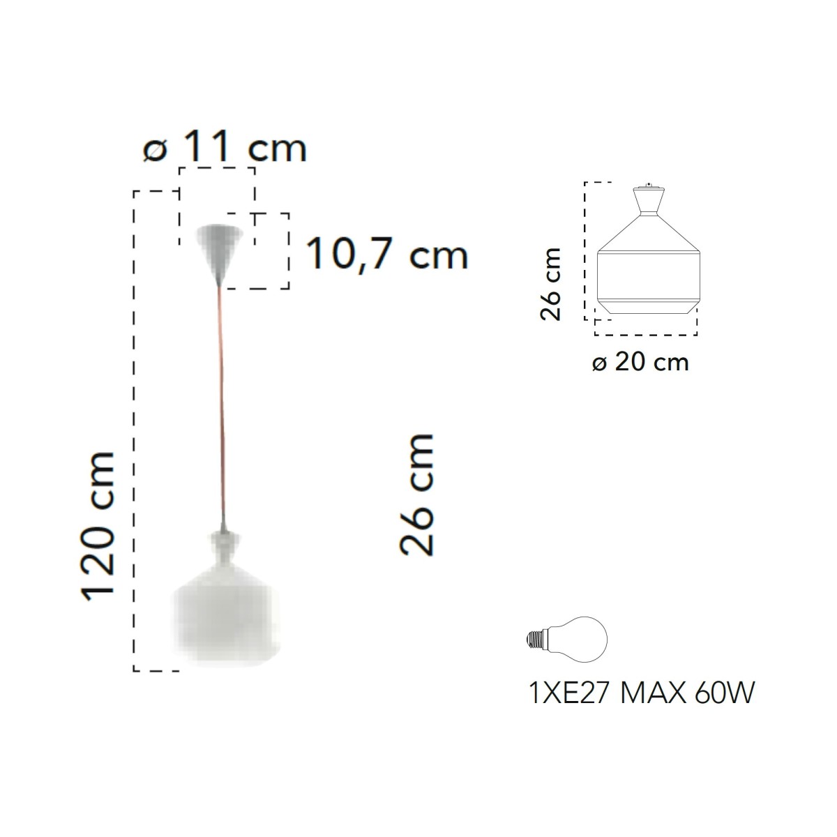 Lampada a sospensione 60W E27 bianca AZURE. Lampadario moderno di forma cilindrica con diffusore in vetro opale.