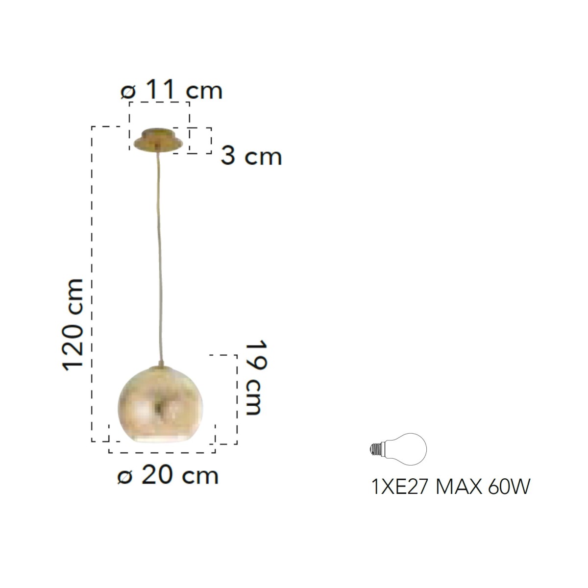 Lampada a sospensione 60W E27 diametro 20cm oro GLAM. Punto luce moderno ed elegante con preziosa decorazione. Paralume sferico.