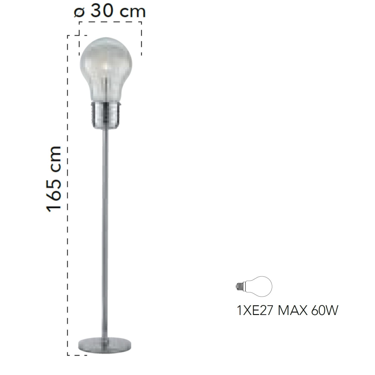 Piantana lampada da terra 60W E27 cromo BILBO. Simpatico e moderno punto luce dalla forma a lampadina.