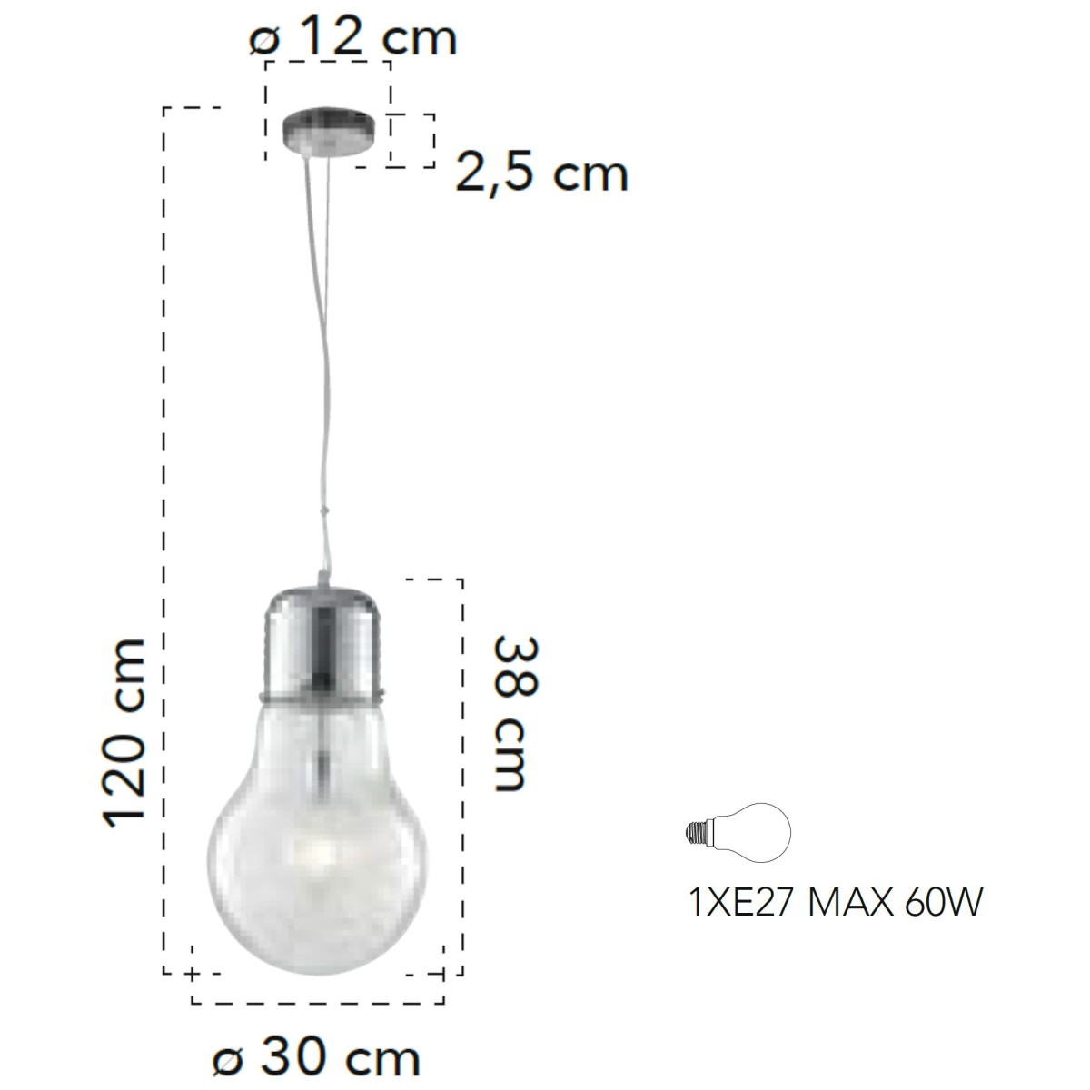 Lampada a sospensione per interno 60W E27 diam. 30 cromo BILBO. Simpatico e moderno punto luce dalla forma a lampadina.