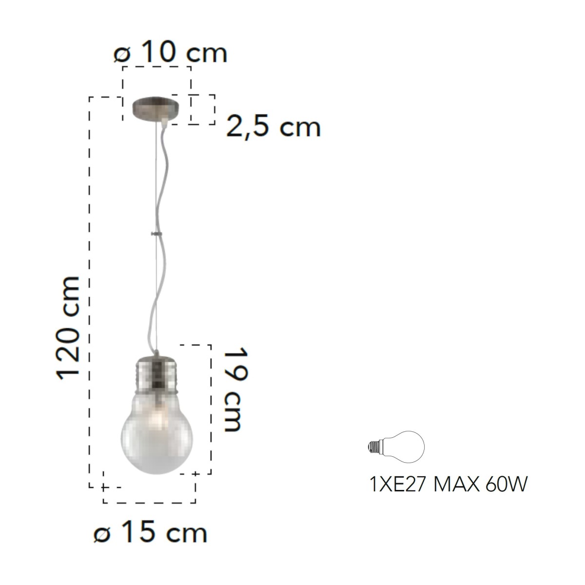 Lampada a sospensione per interno 60W E27 diam. 15 cromo BILBO. Simpatico e moderno punto luce dalla forma a lampadina.