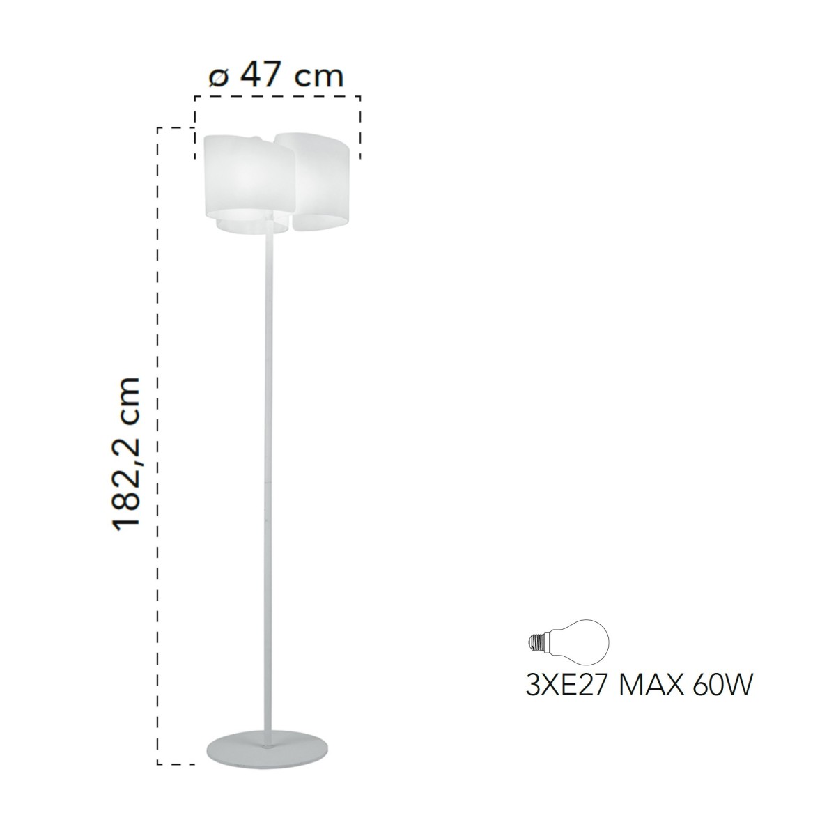 Piantana lampada da terra 60W 3XE27 bianca CREATE. Design moderno, struttura in alluminio e diffusore ricurvo in vetro.