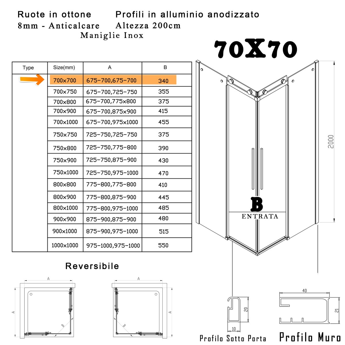 Box Doccia 2 lati con ante scorrevoli H200 anticalcare MELISSA