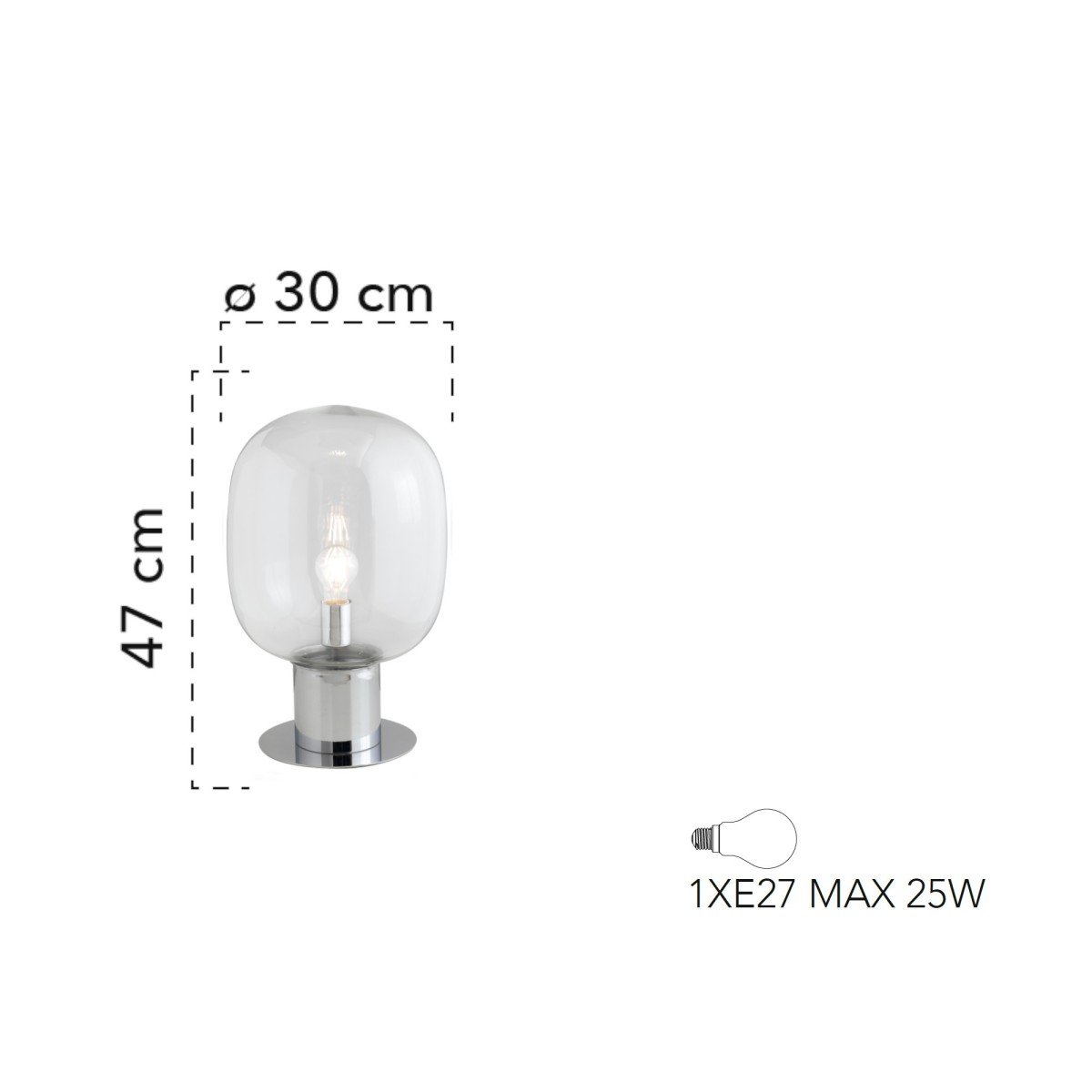 Lampada da tavolo 25W E27 diametro 30cm cromo GILDA. Punto luce moderno dalla forma cilindrica, in vetro e metallo.