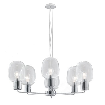 Lampada a sospensione 25W 6XE27 6 emissioni cromo GILDA. Punto luce moderno dalla forma cilindrica, in vetro e metallo.