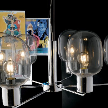 Lampada a sospensione 25W 6XE27 6 emissioni cromo GILDA. Punto luce moderno dalla forma cilindrica, in vetro e metallo.