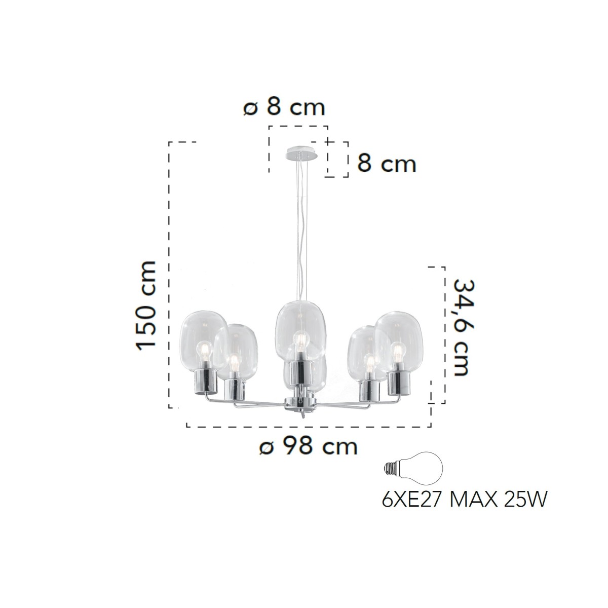 Lampada a sospensione 25W 6XE27 6 emissioni cromo GILDA. Punto luce moderno dalla forma cilindrica, in vetro e metallo.