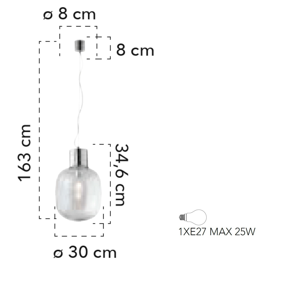 Lampada a sospensione 25W E27 diametro 30cm cromo GILDA. Punto luce moderno dalla forma cilindrica, in vetro e metallo.