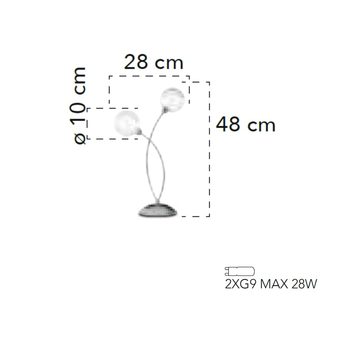 Lampada da tavolo 28W 2XG9 a doppia emissione cromo SPOT. Design moderno, struttura cromata con diffusori sferici.