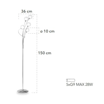 Piantana lampada da terra 28W 5XG9 a 5 emissioni cromo POST. Design moderno, struttura cromata con diffusori sferici.