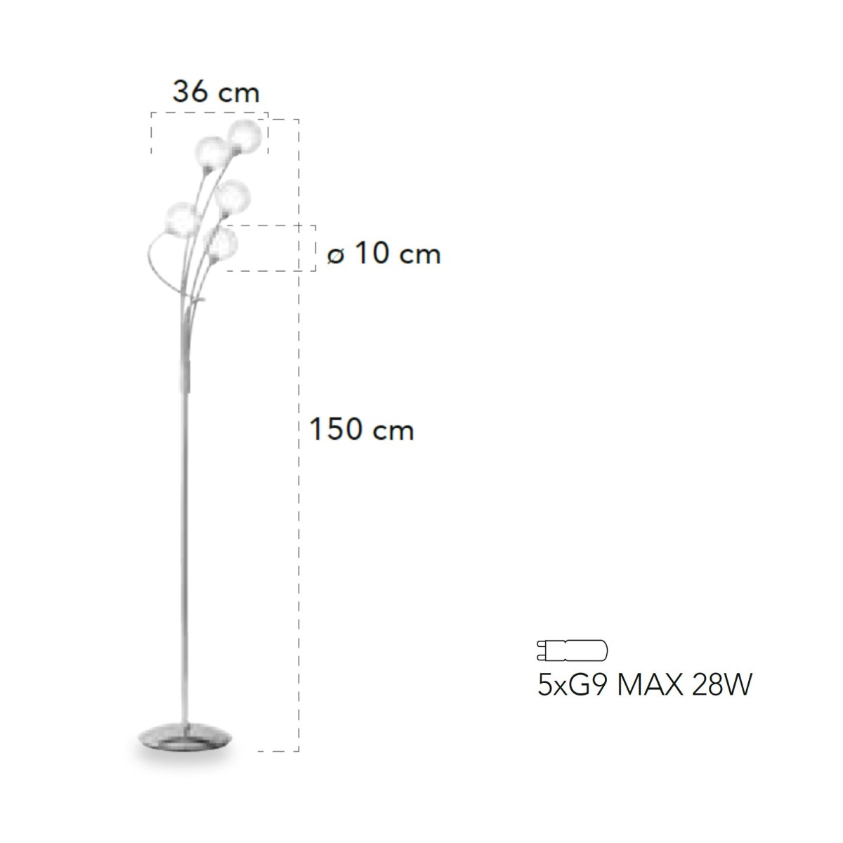 Piantana lampada da terra 28W 5XG9 a 5 emissioni cromo POST. Design moderno, struttura cromata con diffusori sferici.