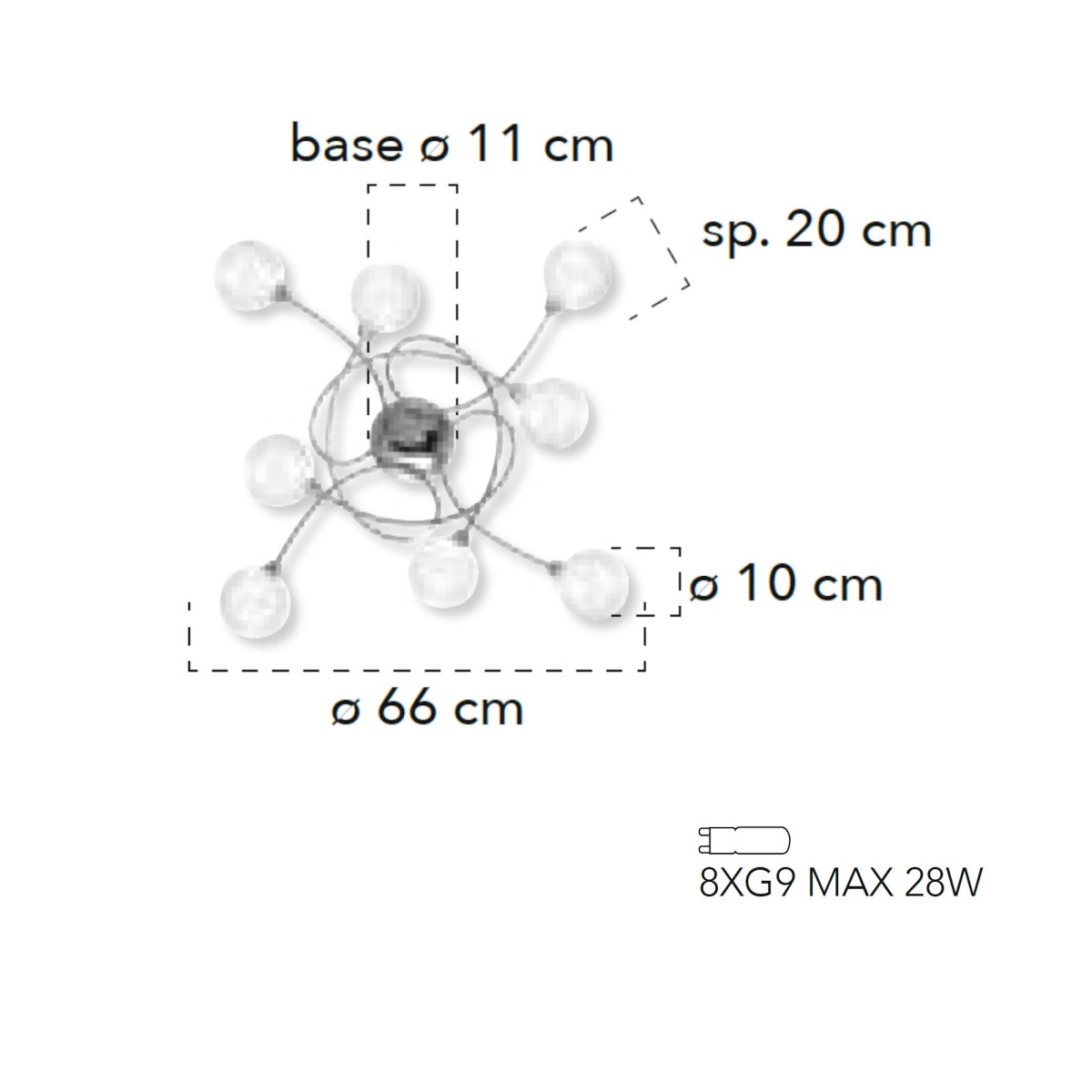 Plafoniera da interno 28W 8XG9 a 8 emissioni cromo POST. Design moderno, struttura cromata con diffusori sferici.