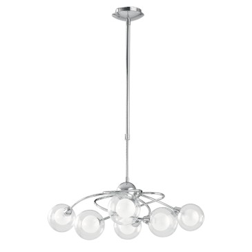 Lampada a sospensione 28W 6XG9 a sei emissioni cromo POST. Design moderno, struttura cromata con diffusori sferici.