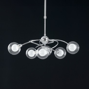 Lampada a sospensione 28W 6XG9 a sei emissioni cromo POST. Design moderno, struttura cromata con diffusori sferici.