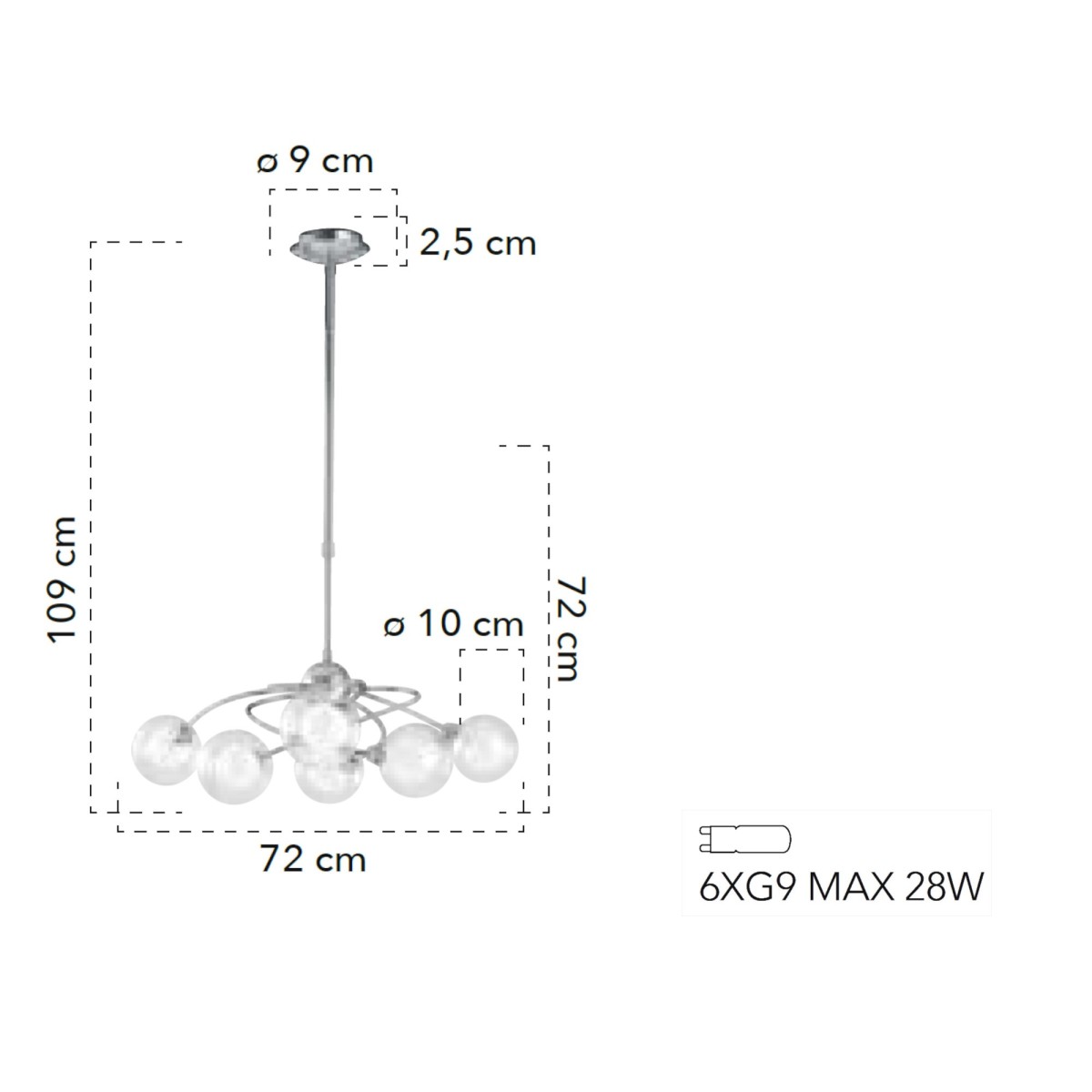 Lampada a sospensione 28W 6XG9 a sei emissioni cromo POST. Design moderno, struttura cromata con diffusori sferici.