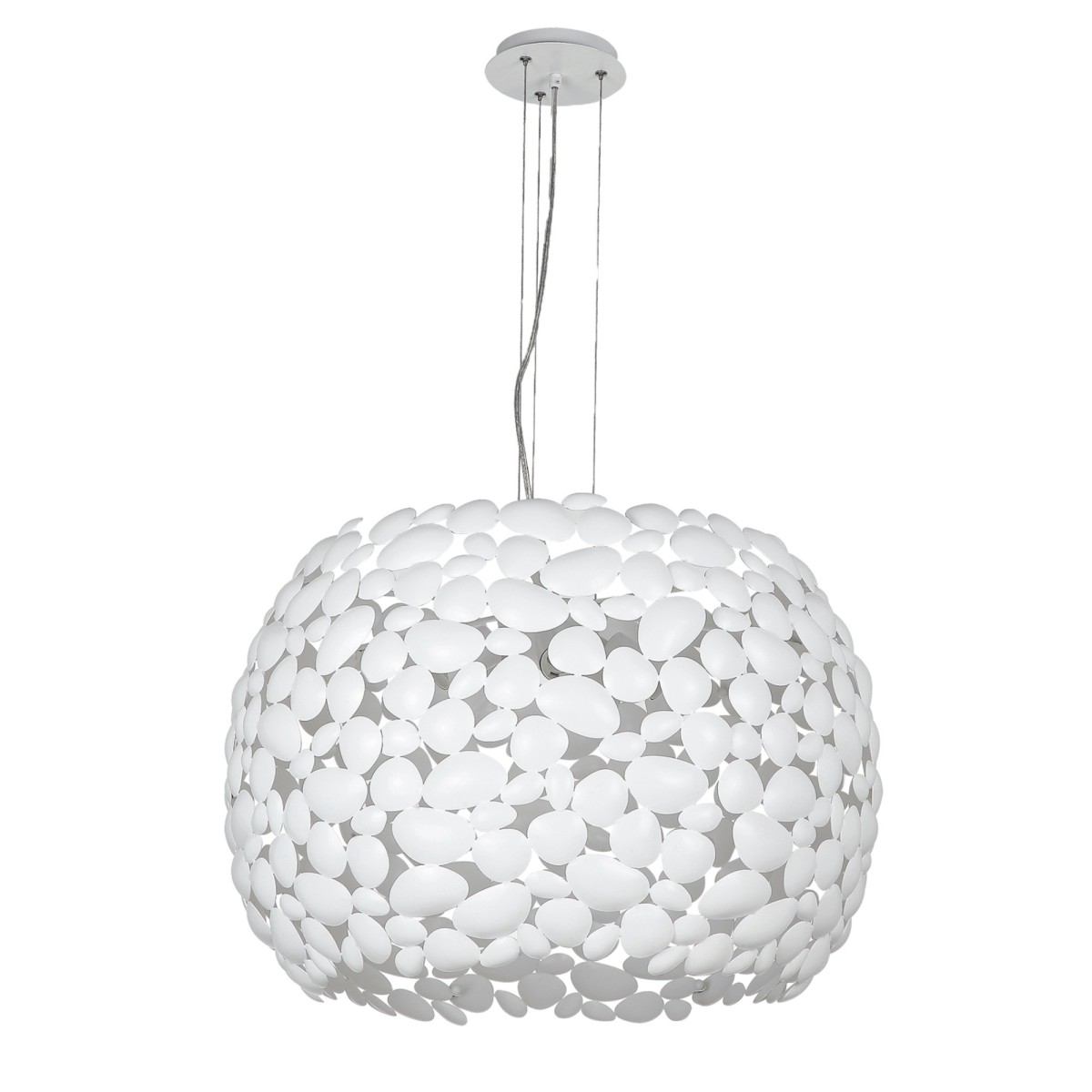 Lampada a sospensione 60W 5XE27 diametro 65cm bianca GRAPE. Moderno punto luce con struttura in metallo a forma di sassi