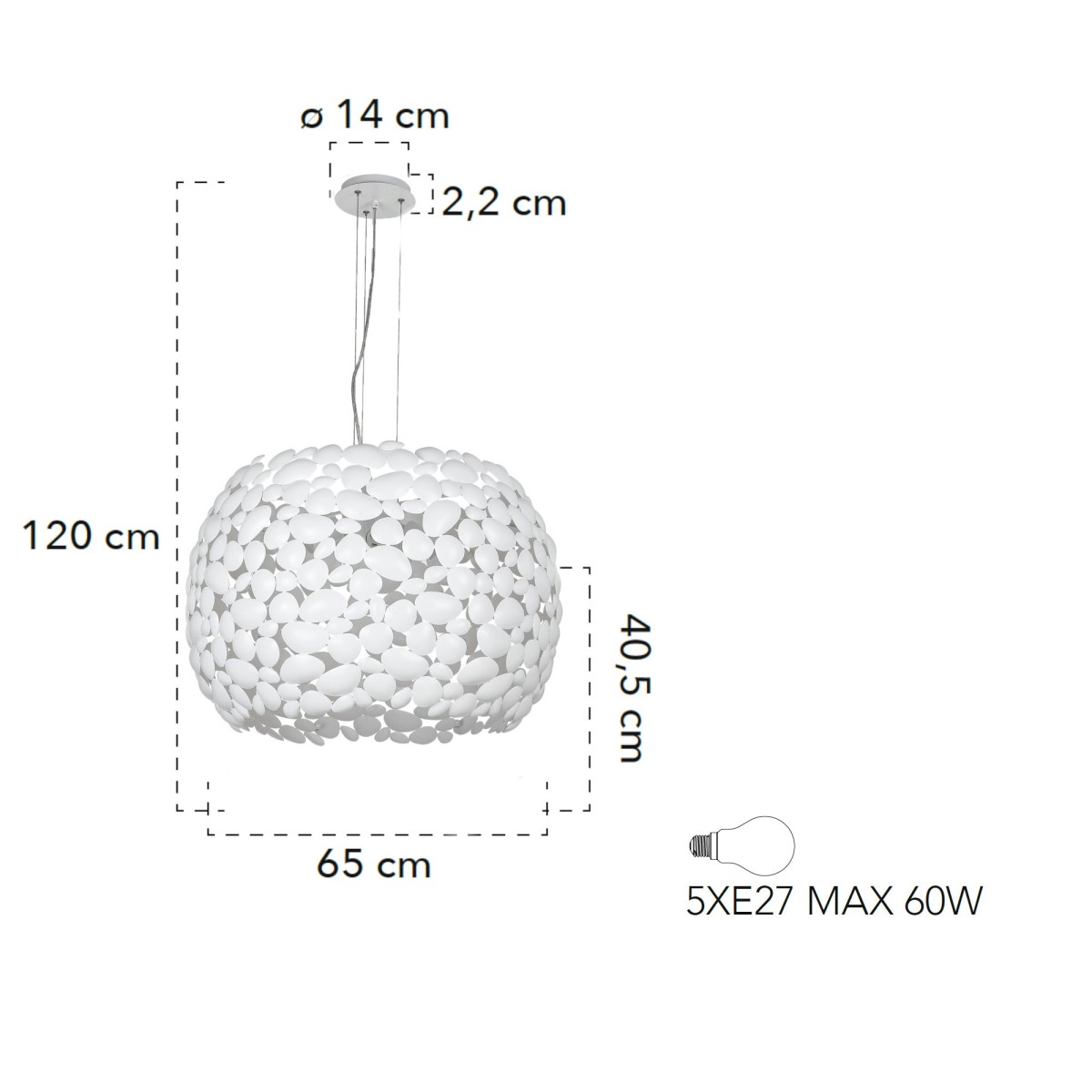 Lampada a sospensione 60W 5XE27 diametro 65cm bianca GRAPE. Moderno punto luce con struttura in metallo a forma di sassi