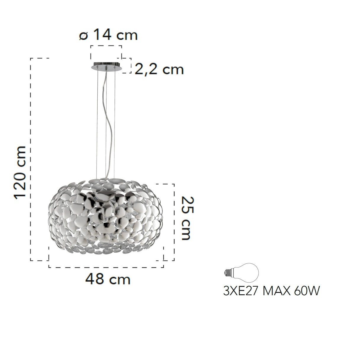 Lampada a sospensione 60W 3XE27 diametro 48cm cromo GRAPE. Moderno punto luce con struttura in metallo a forma di sassi