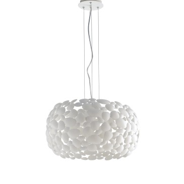 Lampada a sospensione 60W 3XE27 diametro 48cm bianca GRAPE. Moderno punto luce con struttura in metallo a forma di sassi