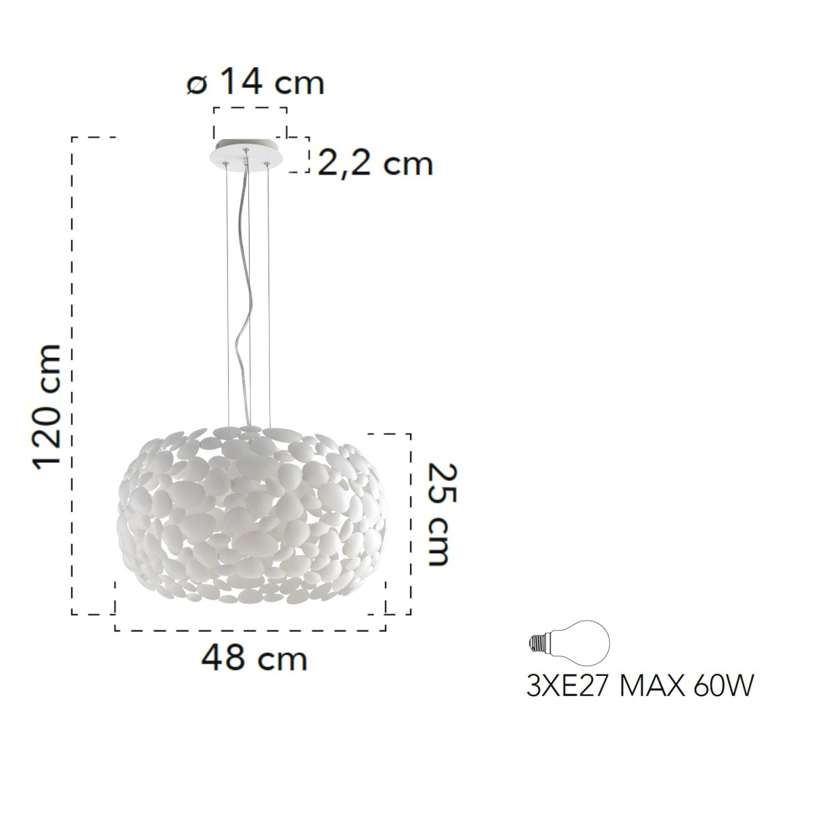 Lampada a sospensione 60W 3XE27 diametro 48cm bianca GRAPE. Moderno punto luce con struttura in metallo a forma di sassi