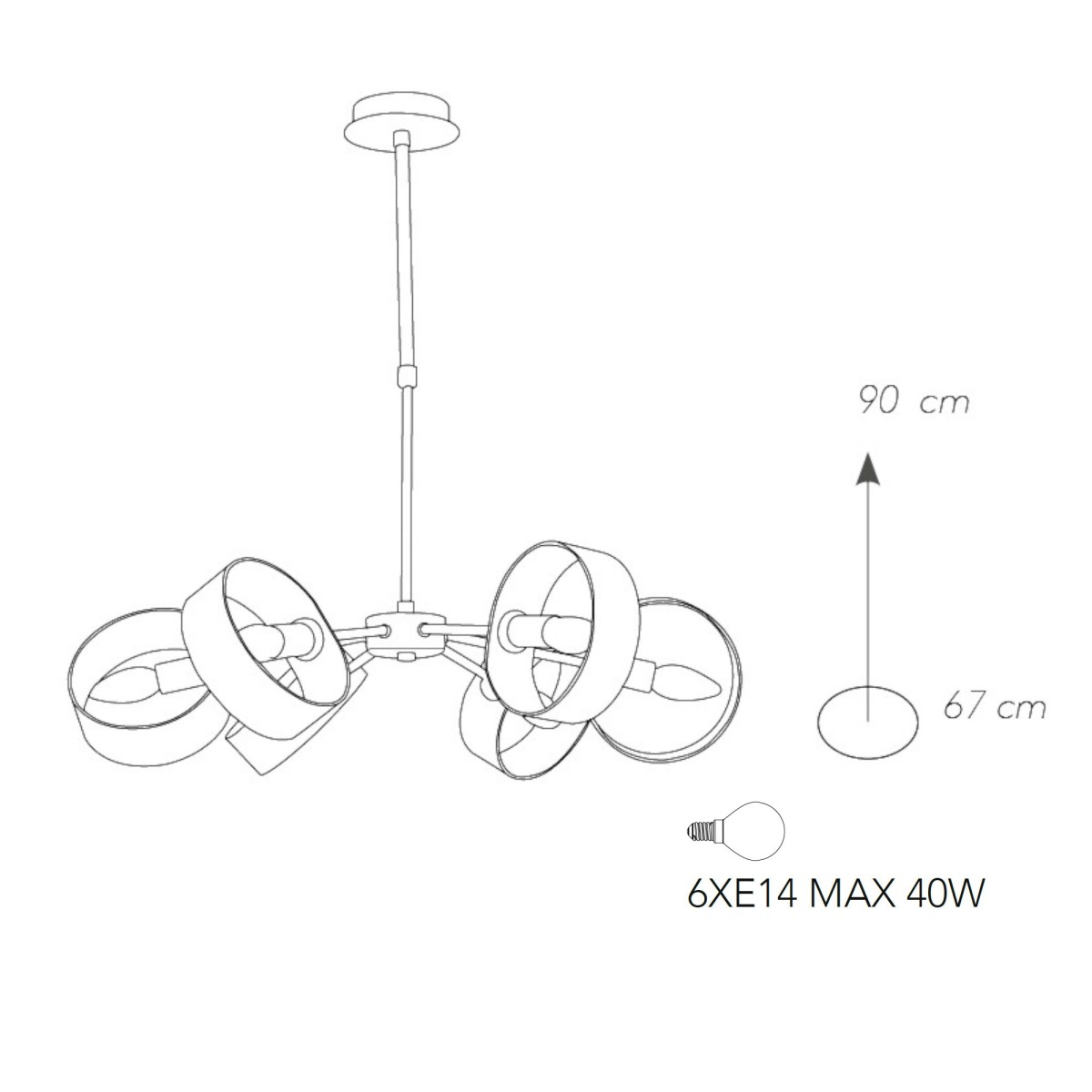 Lampada a sospensione 40W 6XE14 a 6 emissioni orientabili bianca TORCH. Diffusore moderno ad anello circolare orientabile.