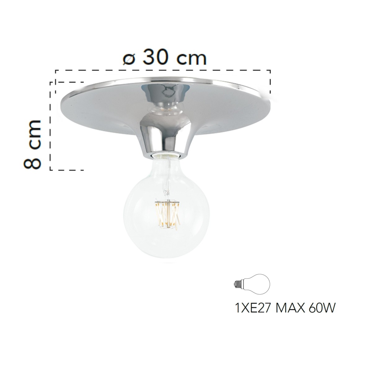 Plafoniera a soffitto per interno 60W E27 diametro 30cm cromo VISION. Collezione moderna e minimalista priva di diffusore.