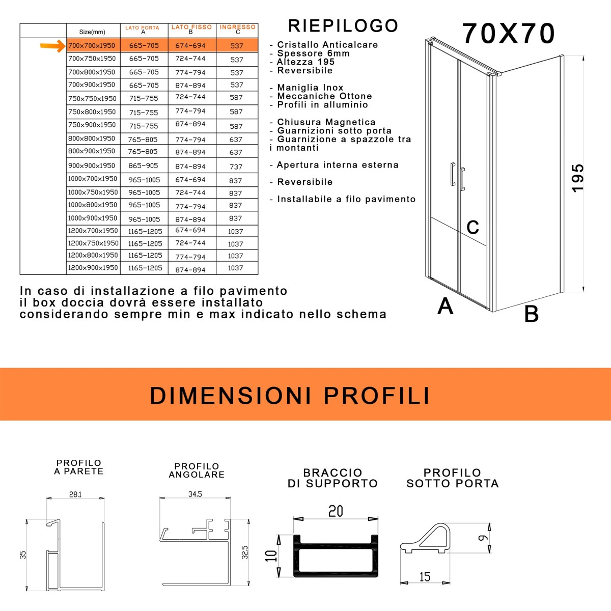 Vendita box doccia angolare anta fissa porta saloon misura 95x85 cm  trasparente