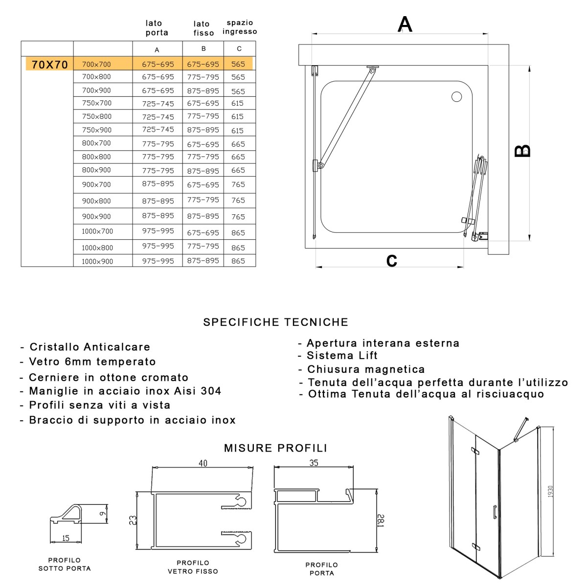 Box doccia 70x70 due lati apertura libro h195