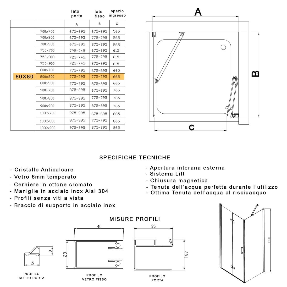 Box doccia 80x80 con apertura libro e lato fisso h195