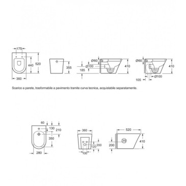 Scheda tecnica wc e bidet a pavimento filo muro ceramica bianco lucido Roundy