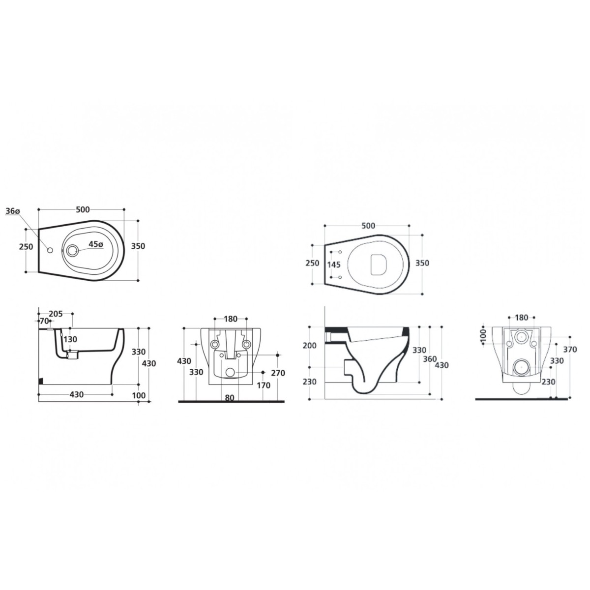 Scheda tecnica WC e bidet sospesi moderni ceramica bianco lucido serie Funf