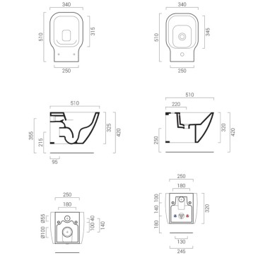 Scheda tecnica Wc rimless e bidet sospesi moderni ceramica bianco lucido con coprivaso softclose Utro