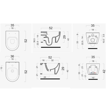 scheda tecnica wc rimless e bidet sospesi moderni installazione a muro ceramica bianco lucido con coprivaso Landra