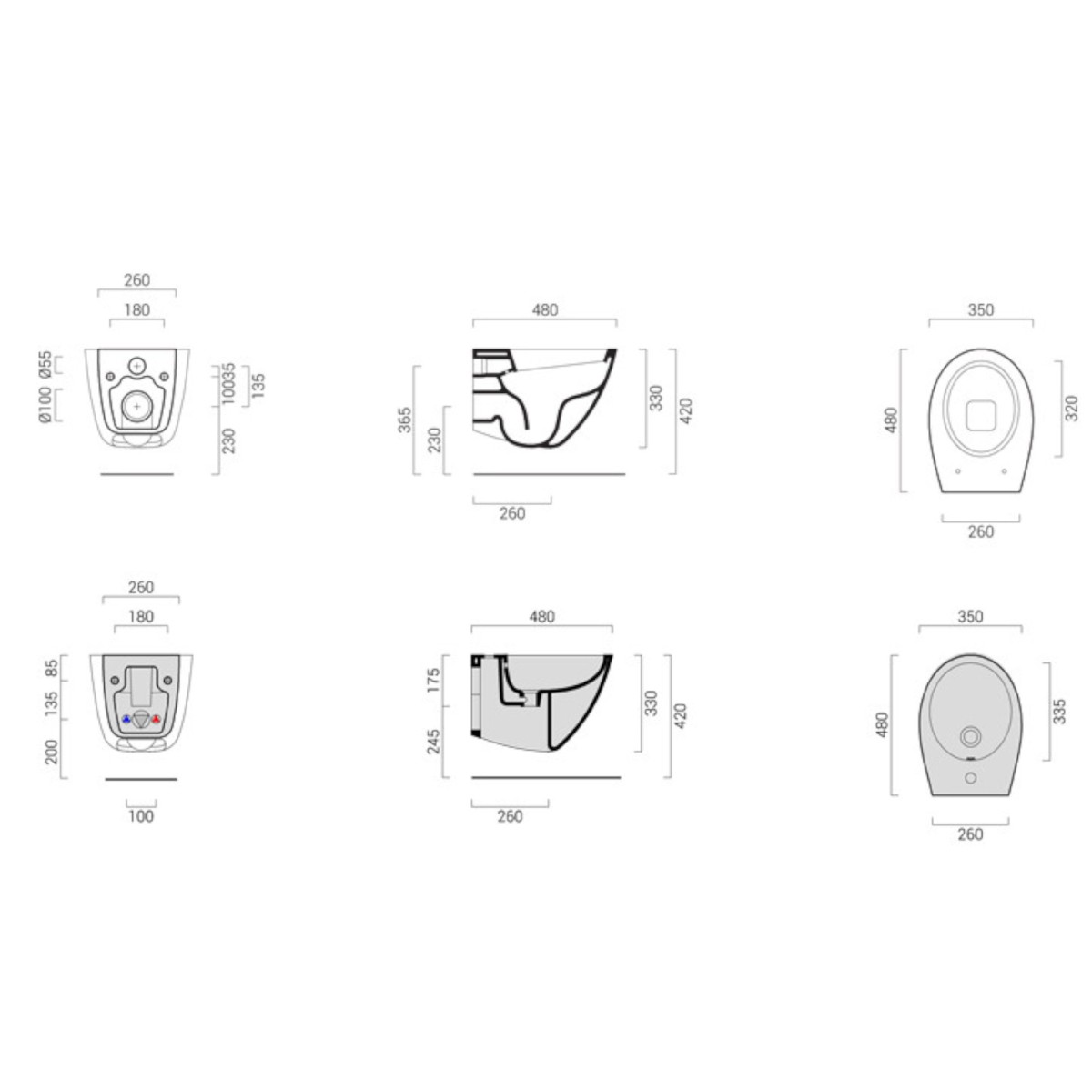 scheda tecnica Wc rimless con coprivaso rallentato e bidet monoforo sospesi per installazione a muro serie Comfy Slim