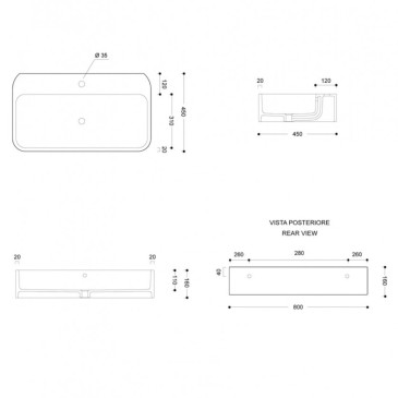 Lavandino da appoggio bagno 80x45 squadrato con troppo pieno in ceramica bianco lucido serie Astor.