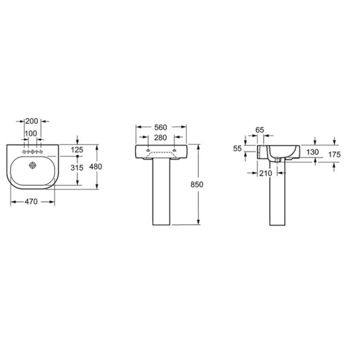 Lavabo suspendu 56x48 avec colonne blanche série Carib