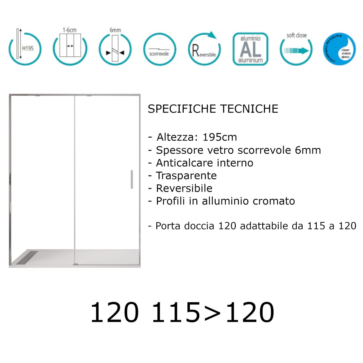 Porte de douche coulissante H195cm verre transparent 6mm TWENTY