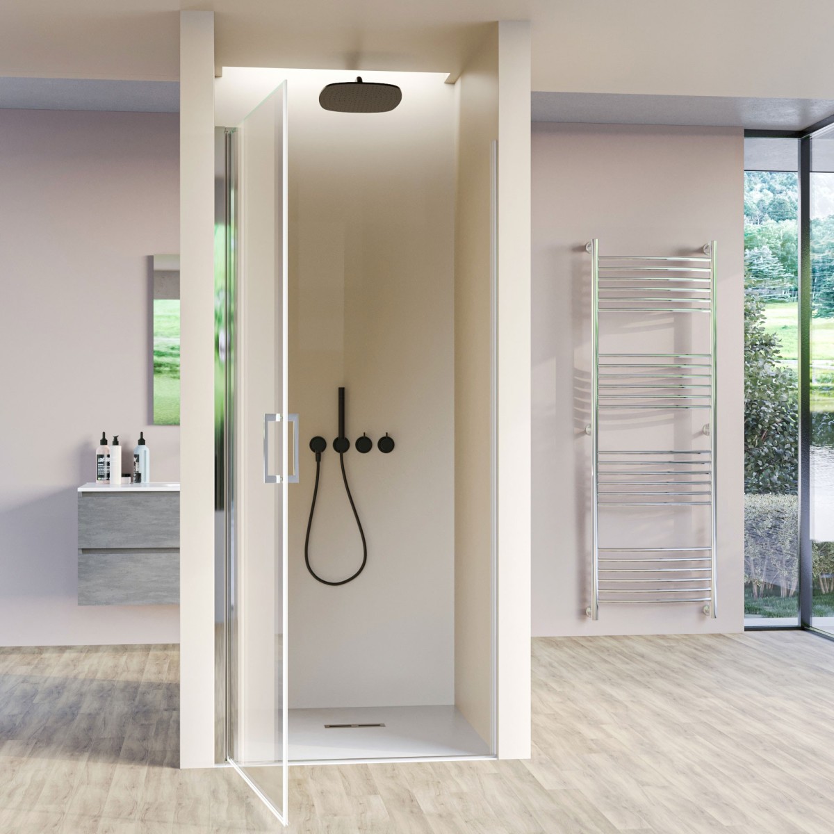 Porte de douche battante pour niche, H195cm, traitement anticalcaire SALEMA