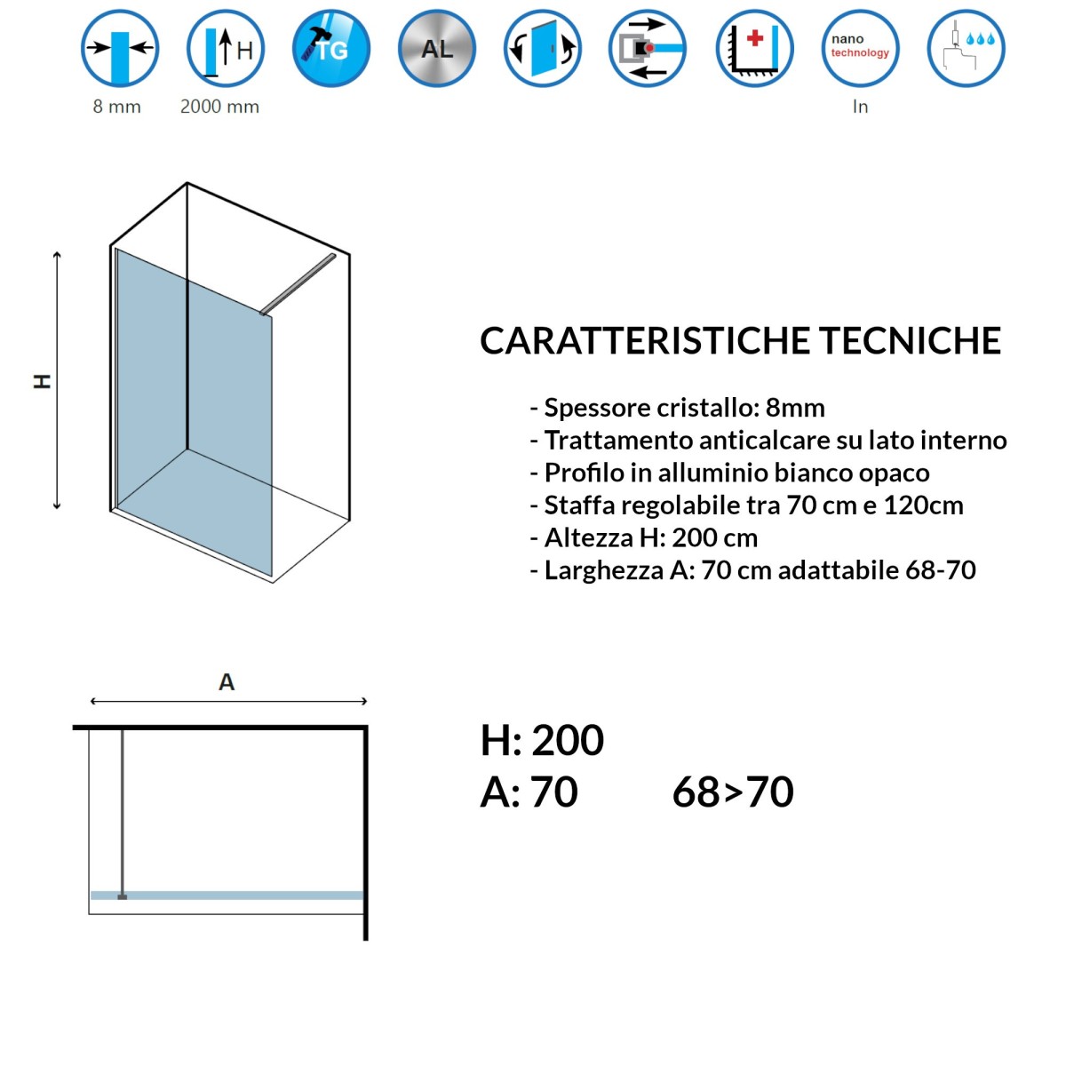 Parete doccia cristallo trasparente H200cm 8mm profilo bianco Walkin1