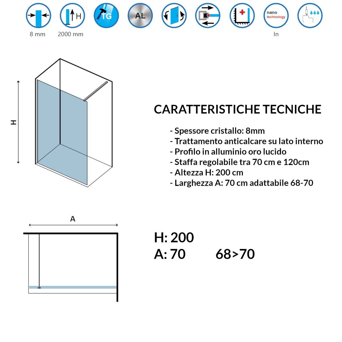 Parete doccia cristallo trasparente H200cm 8mm profilo oro Walkin1