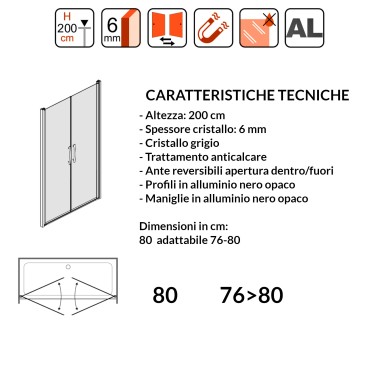 Porte de douche carré gris cristal 6mm H200 coloris noir Mylas