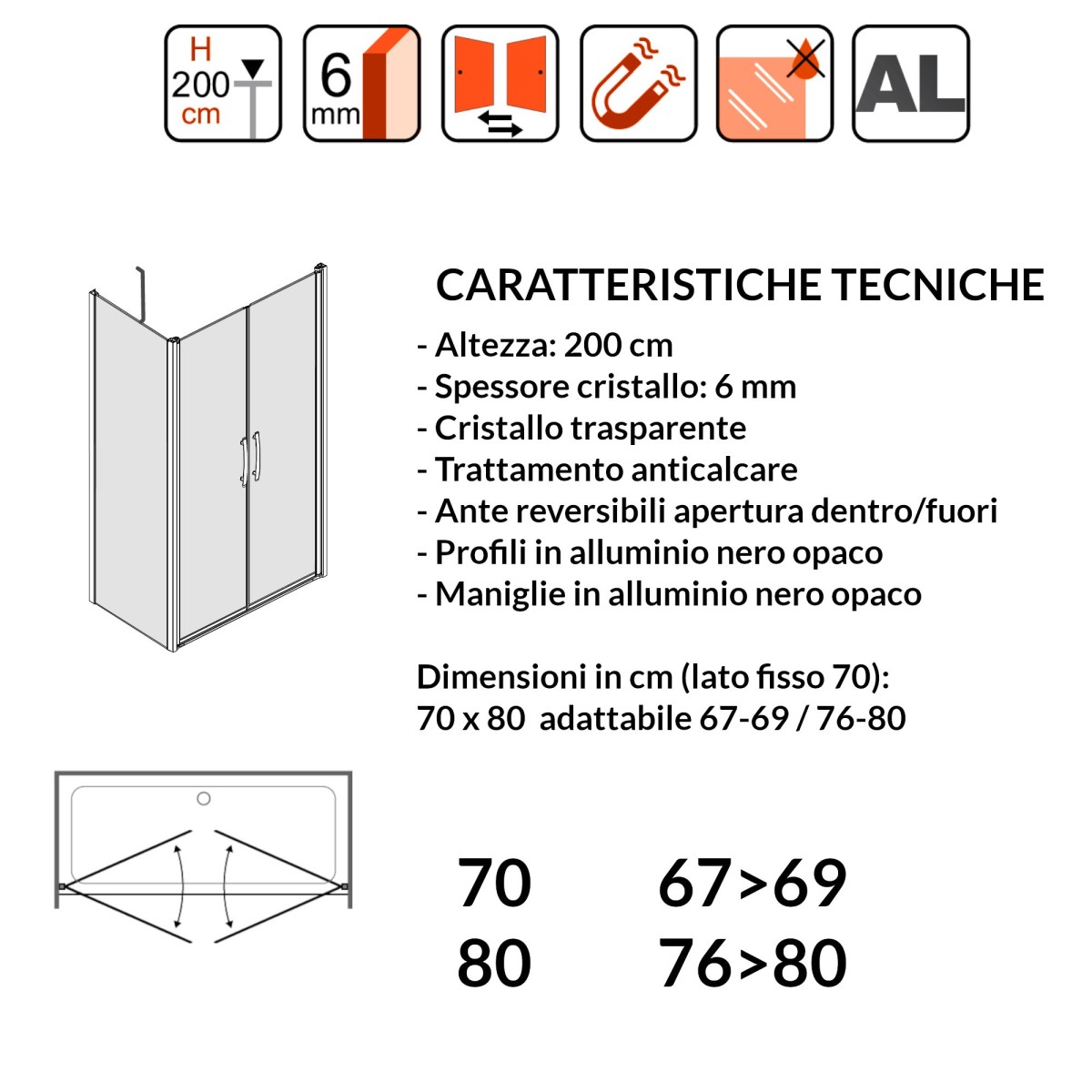 Lacus Giglio Evo BT porta doccia saloon e 1 lato fisso 70x80