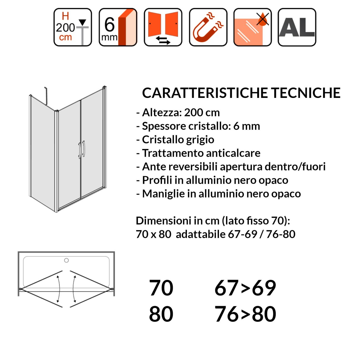 Lacus Giglio Evo BT porta doccia saloon e 1 lato fisso cristallo grigio 70x80