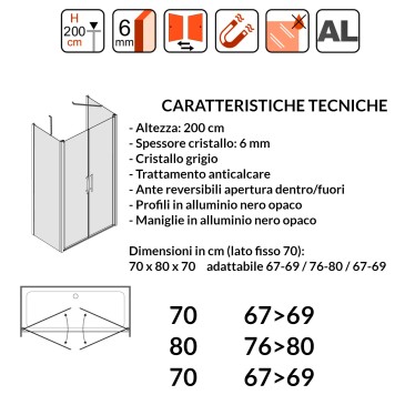 Porte de douche à 2 côtés fixes en verre gris avec profils Mylas noirs