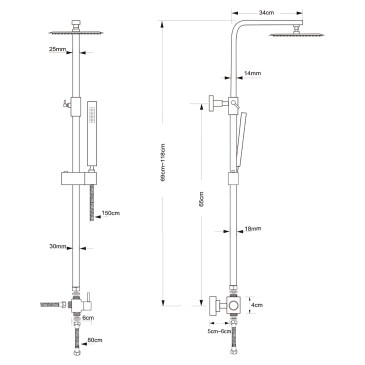 Gleitschiene mit 20x20 Duschkopf und Handbrause aus verchromtem Messing | Duge