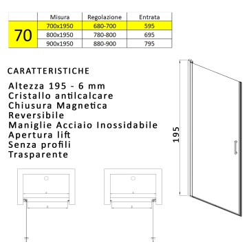 Porta doccia nicchia anta battente H195cm anticalcare SALEMA