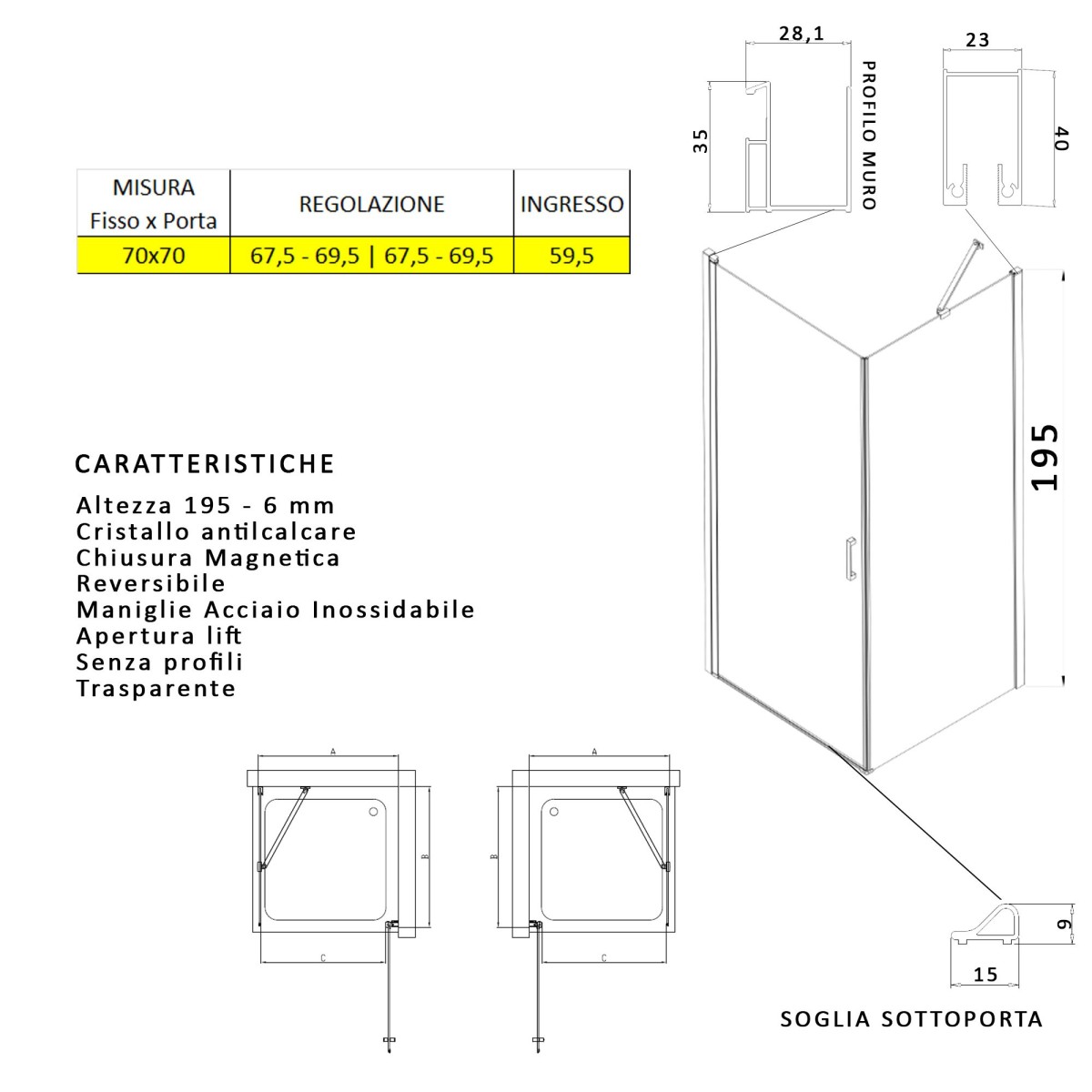 Cabine de douche 2 côtés avec porte battante et côté fixe H195 SALEMA